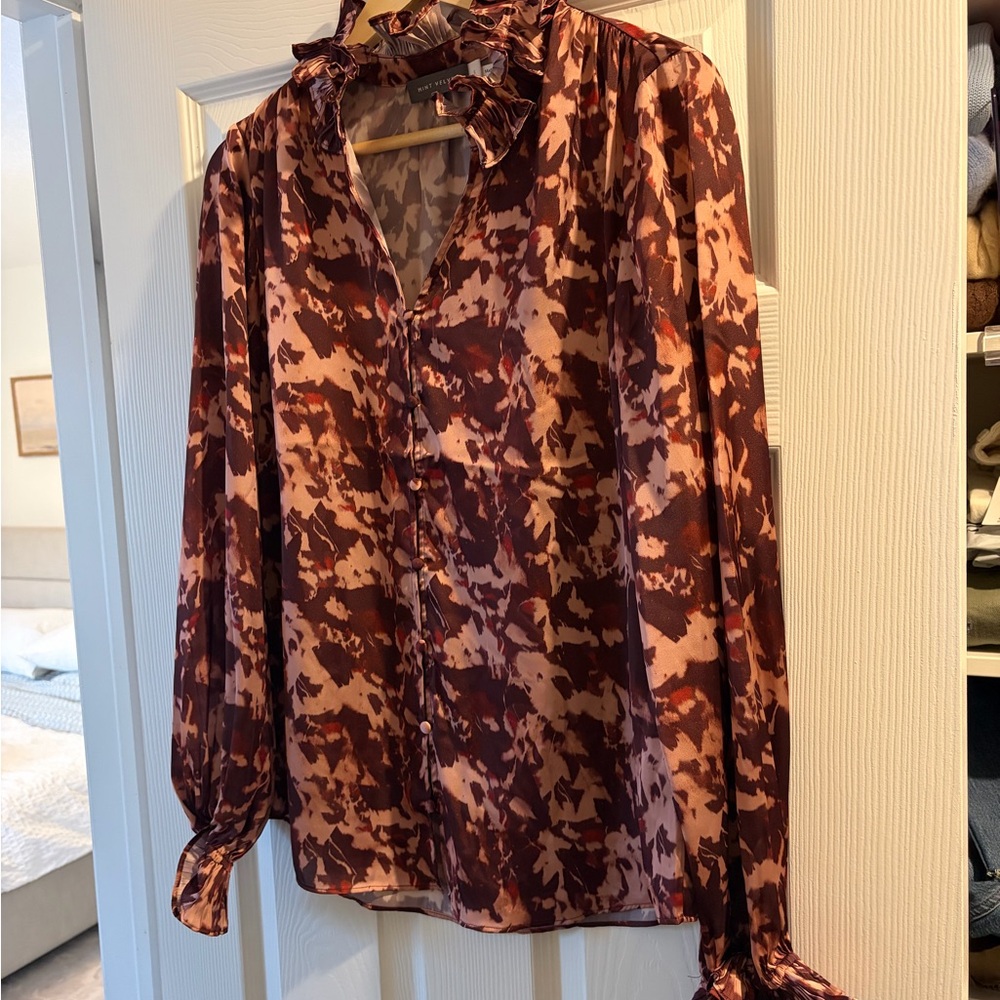 Abstract Print Ruffle-Neck Blouse in Rust and Pink